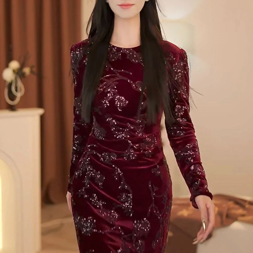 【静铉】赤缇秋季新款法式气质收腰显瘦鱼尾连衣裙-YL11094