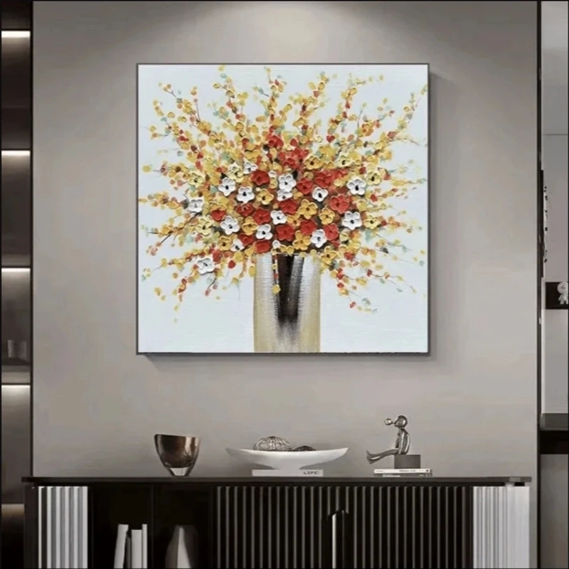 黄金花简约奶油风手工复古风餐厅卧室装饰挂画8080