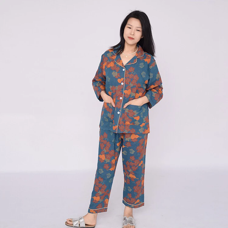 双层纱色织提花家居服复古新中式[蓝底葫芦]