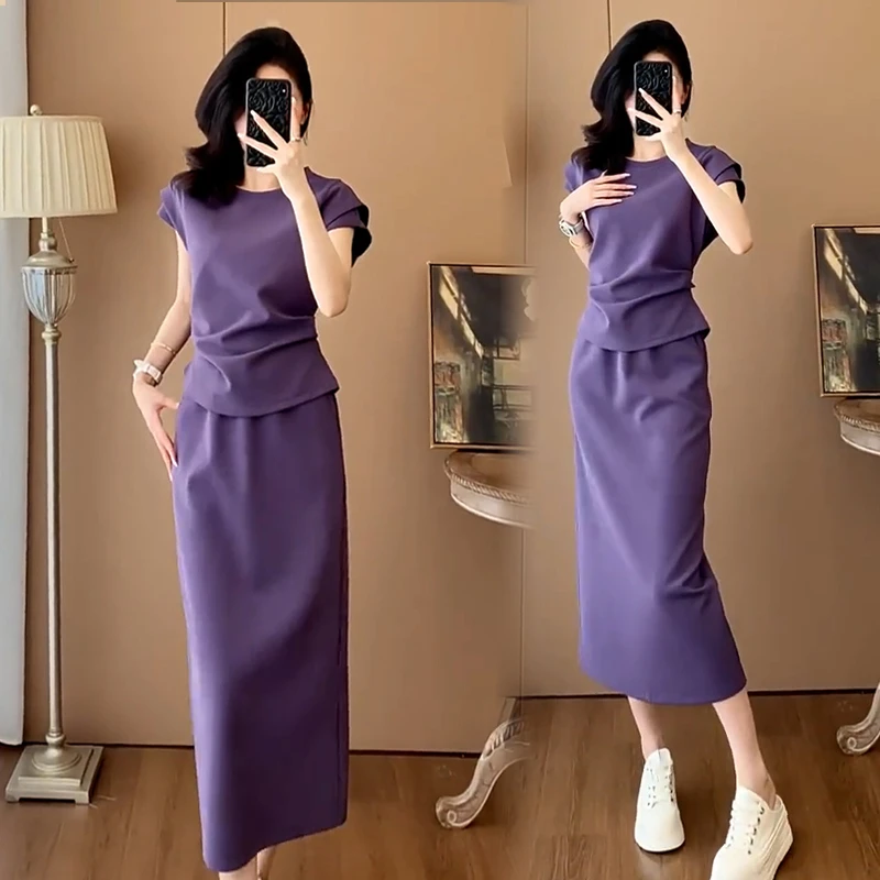 高含棉休闲套装女2025年夏季新款设计感显瘦短袖上衣半身裙两件套