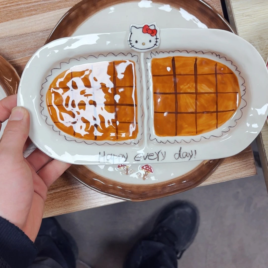 白瓷手工卡通猫双格烤盘