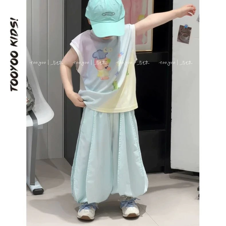 男童夏季新款套装宽松卡通印花坎肩T恤垂感冰凉防蚊裤两件套848