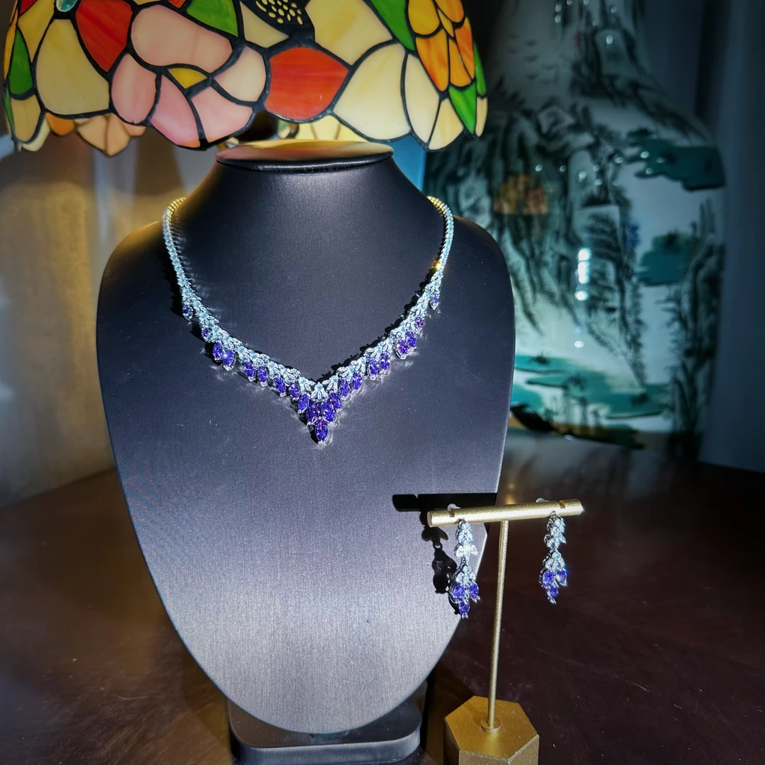 （E8479）紫色菱形树叶项链套装