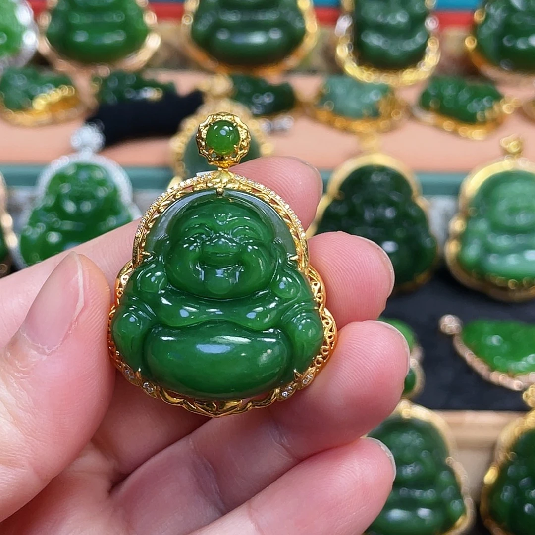 和田玉（碧玉）18K金镶嵌颈饰阳绿佛公30