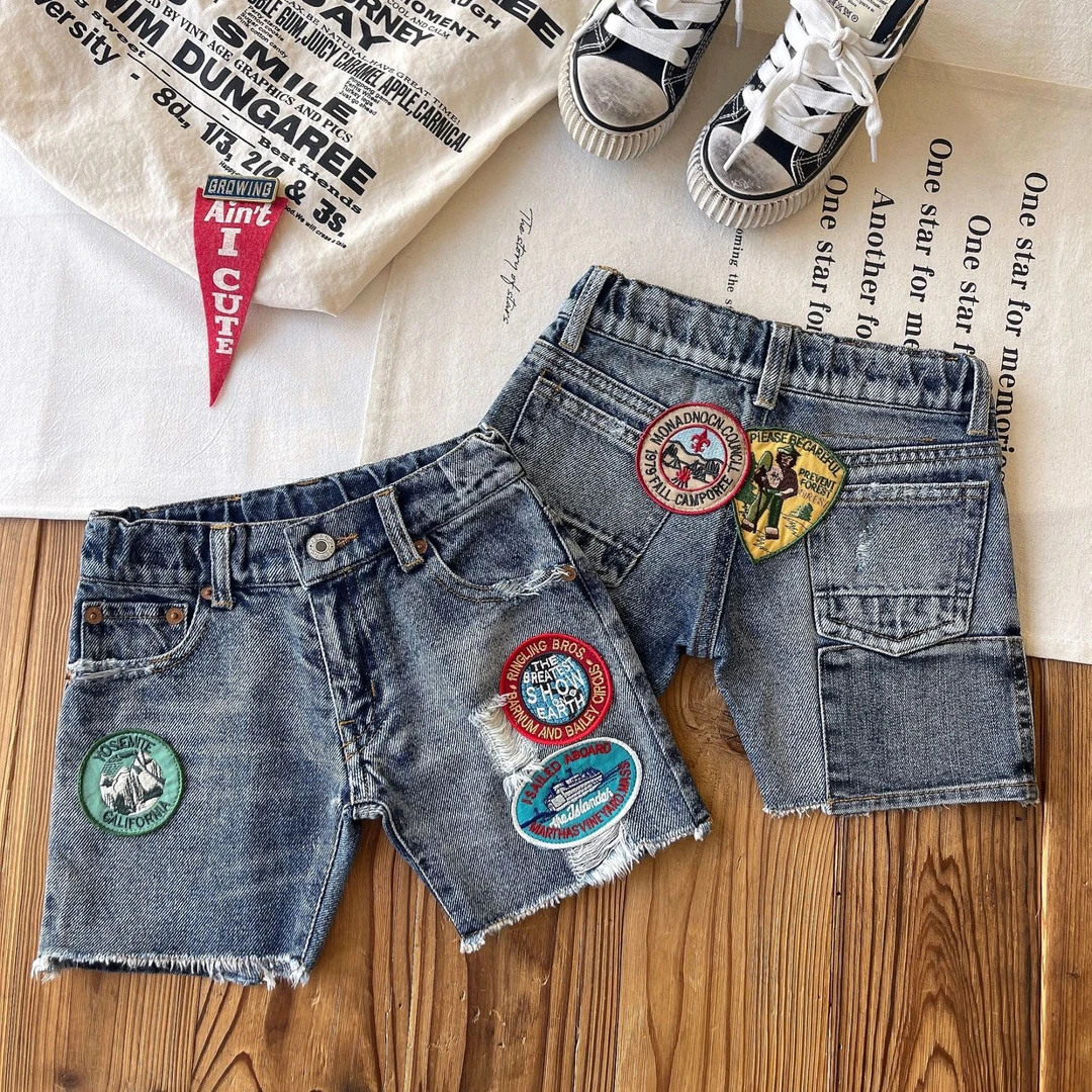 【现货】日系童装中古DD儿童夏款绣花徽章贴标夏季百搭洋气牛仔短裤