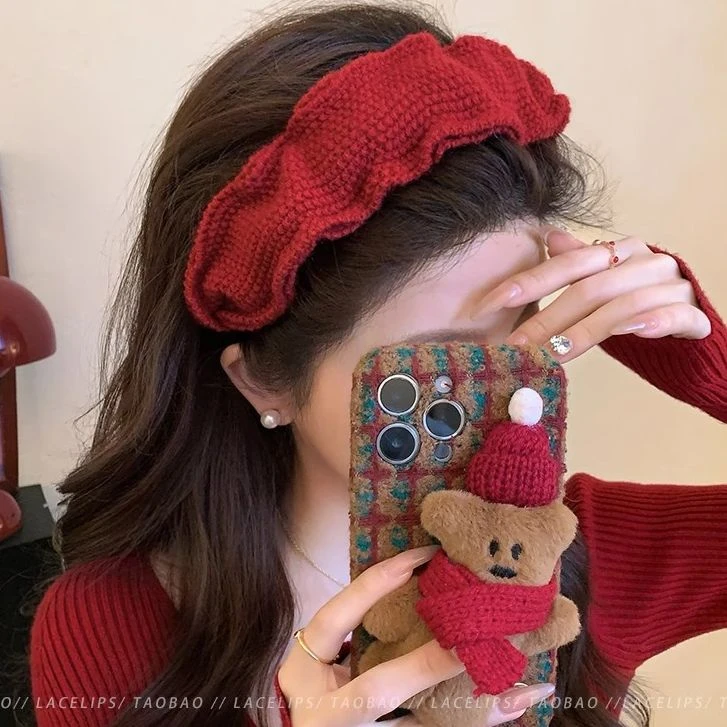 本命新年红！针织高颅顶褶皱发箍女2025新款高端甜美毛线压发头箍