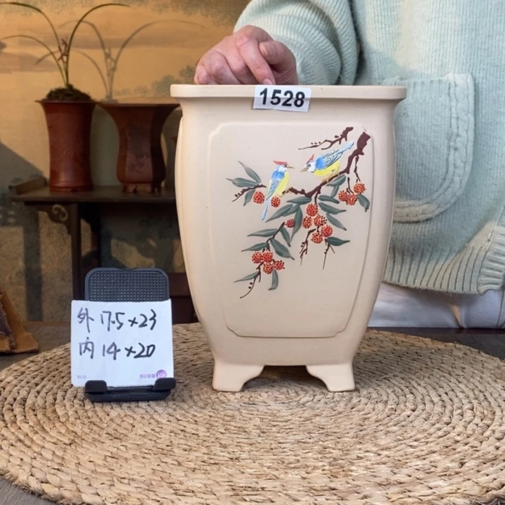 花盆紫砂  特惠白玉段奎面彩绘荔枝四方签筒1528