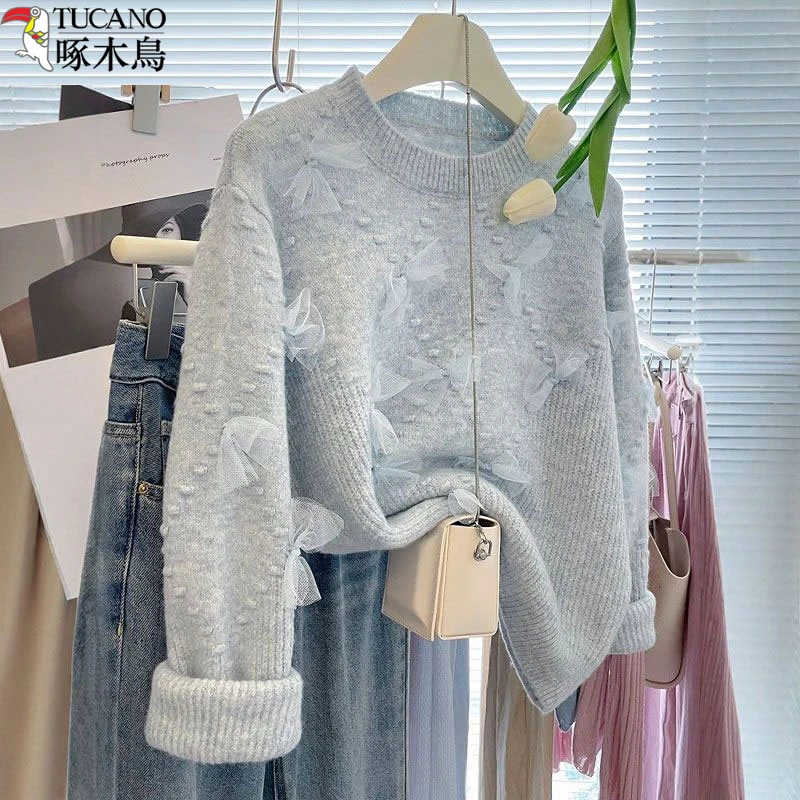 TUCANO/啄木鳥秋冬新款慵懒风甜美针织网纱蝴蝶结套头宽松毛衣女