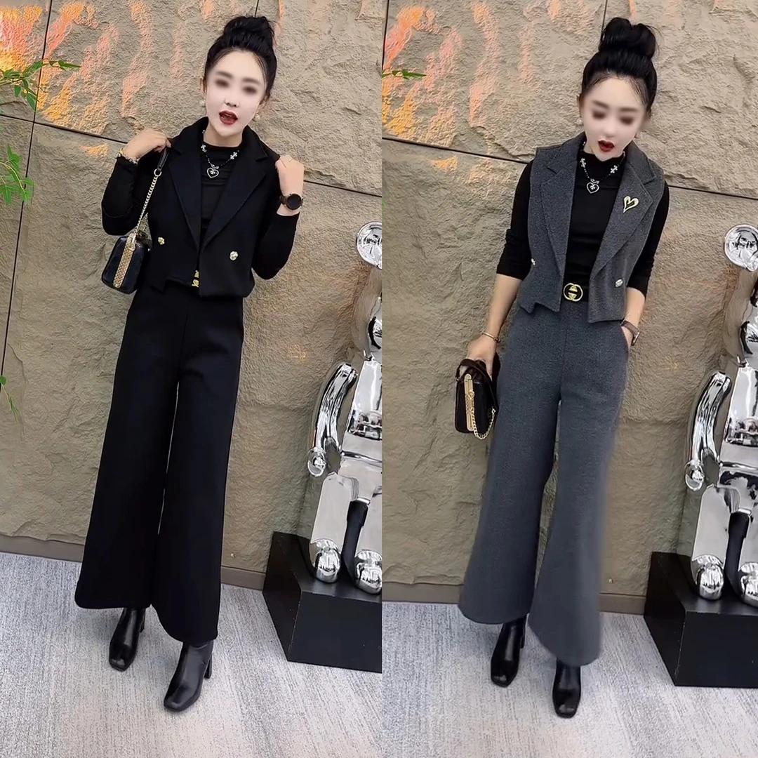 通勤风时尚套装西装潮流中长款休闲风设计师排扣三件套