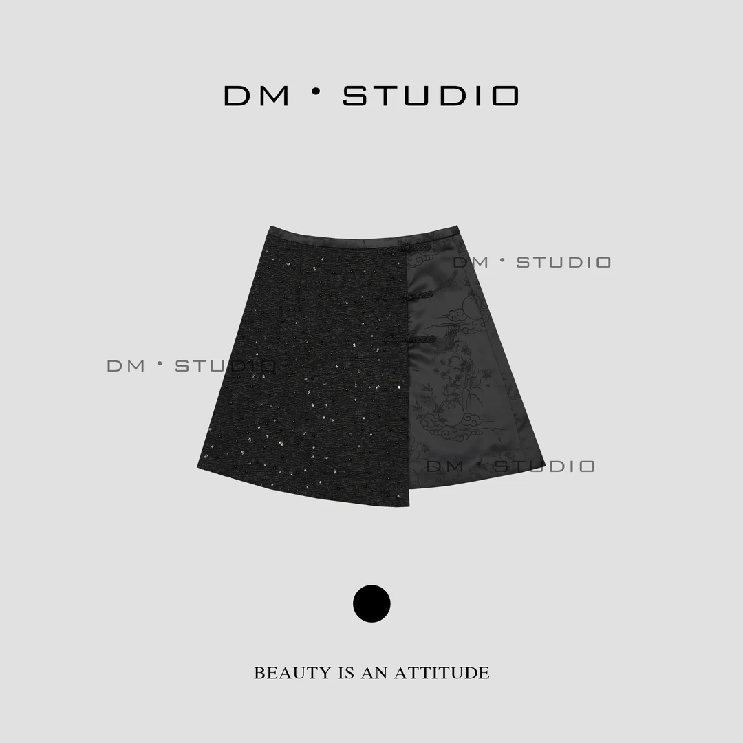 DEDM•STUDIODM/高级亮片拼接提花设计感不规则下摆半裙（13119）