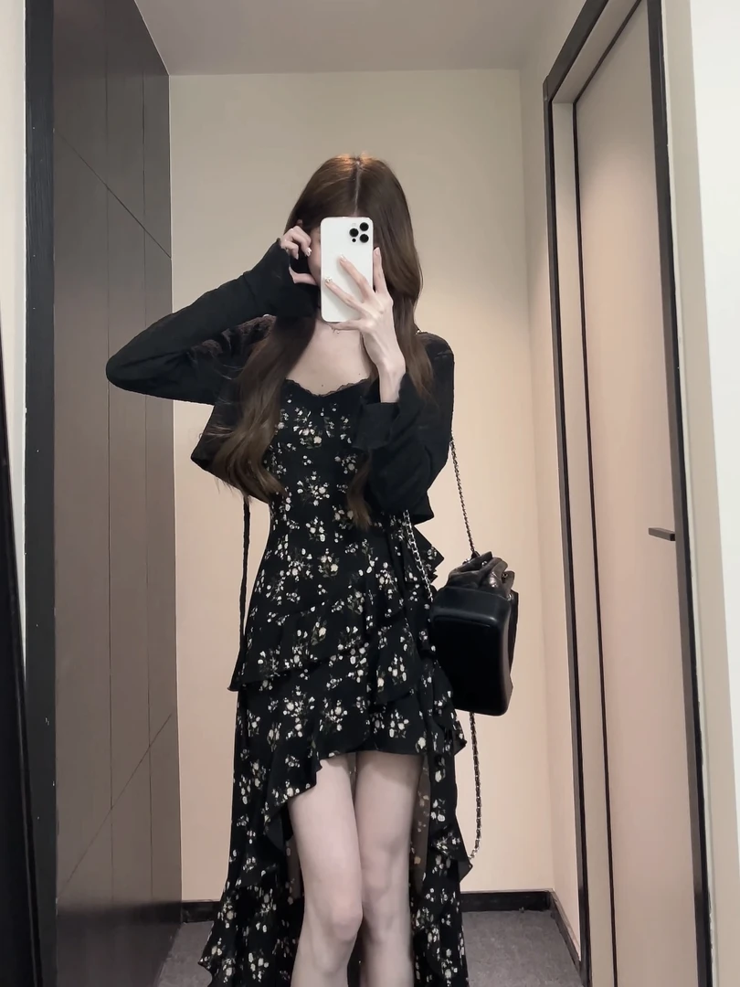 松本丧丧黑色立体褶皱蕾丝针织春季开衫外套温柔慵懒风B251X0010