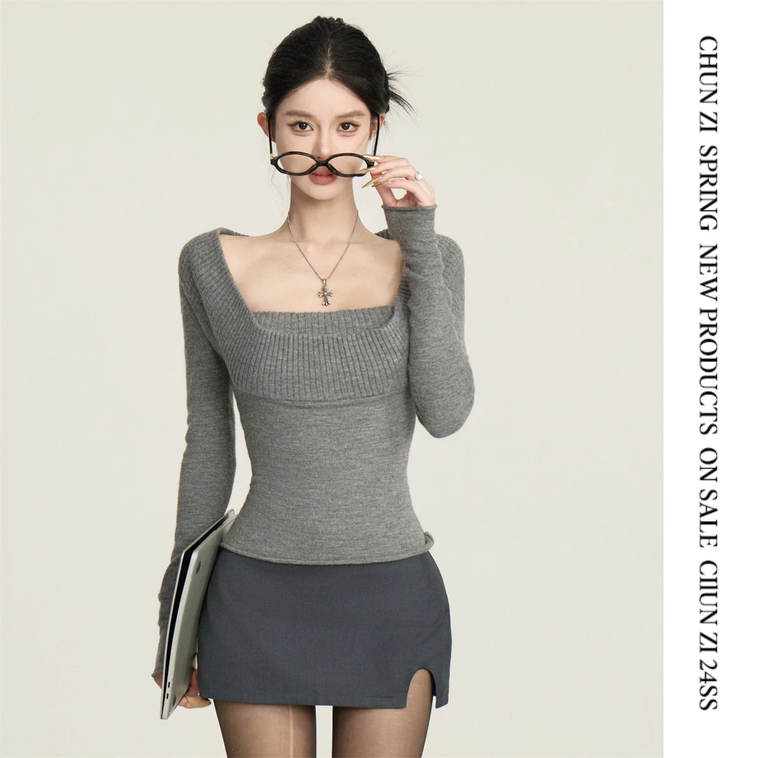 【CHUN ZI】复古风挖领毛衣大领口经典款多穿法修身显瘦针织上衣