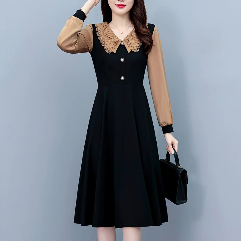 假两件套网红气质时尚洋气大码女装胖mm长袖连衣裙春秋新款中长款