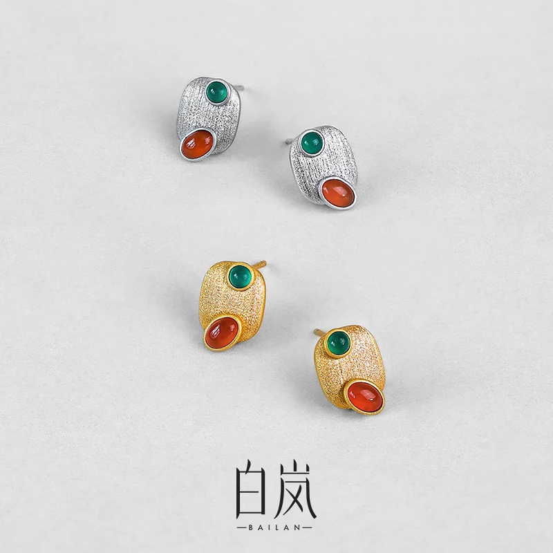 【8月新品】白岚多宝耳钉天然橙色绿色玛瑙古法玉石纯银原创ED4710