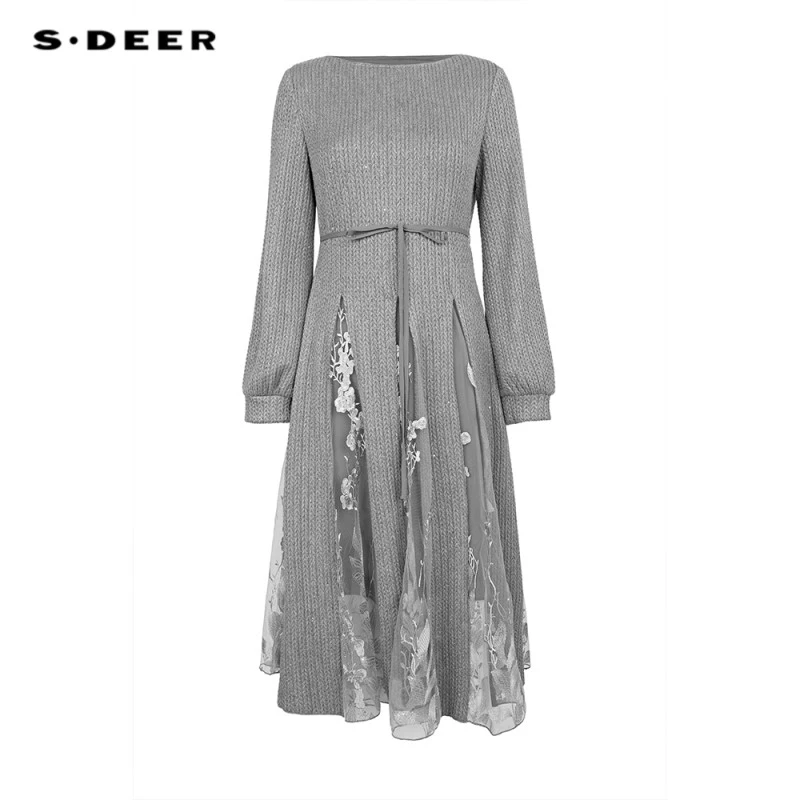 S·DEER圣迪奥女装秋季提花网纱贵气收腰高级感连衣裙S234Z12F3