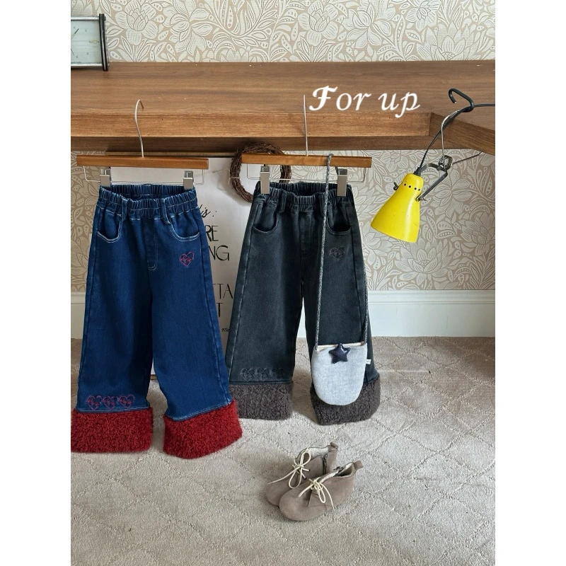 【冬款FORUP】女童冬装黎熙爱心刺绣拼毛一体绒牛仔裤254-FU-65858