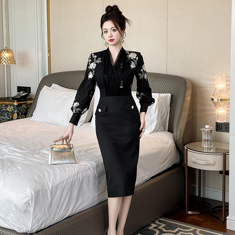 51135 显瘦气质轻奢时尚法式名媛收腰中长款修身职业女神范连衣裙