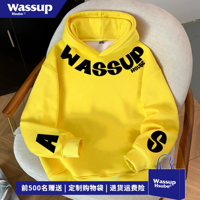 WASSUP HSUBE秋冬百搭无口袋上衣男美式复古高街字母印花连帽卫衣