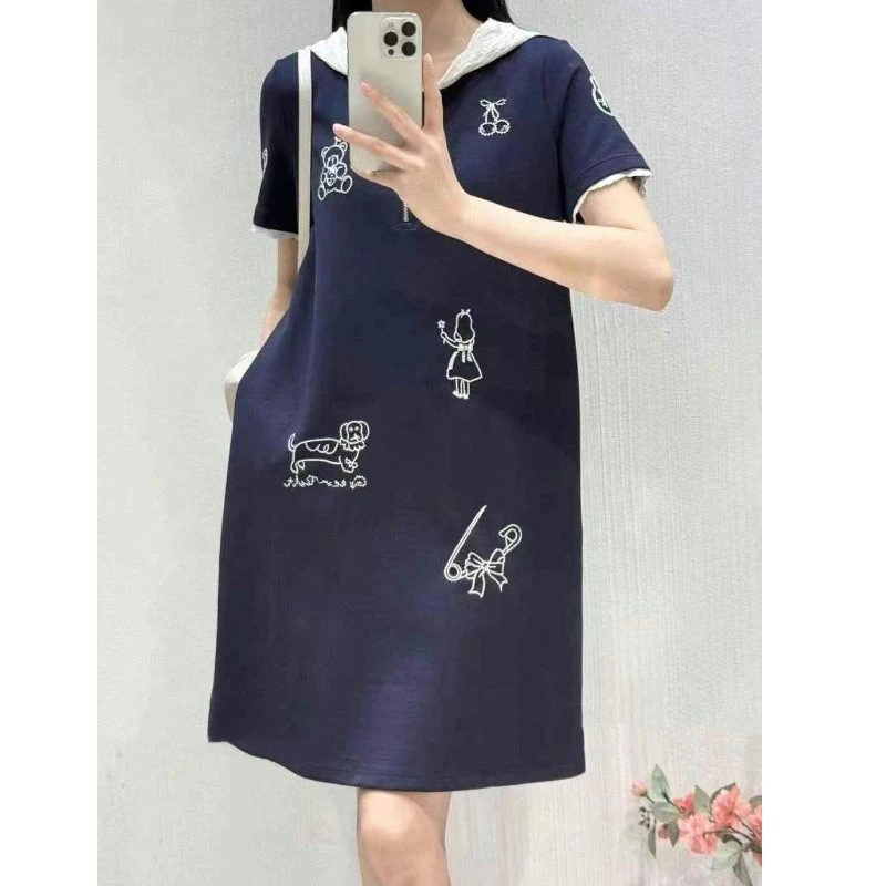欧洲站2025夏新款连帽蕾丝拼接卡通刺绣宽松短袖女士T恤连衣裙潮