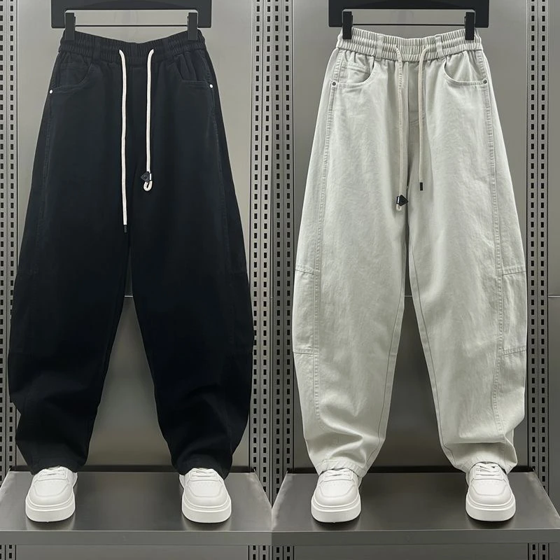 设计感潮牌弯刀牛仔裤男春季宽松直筒裤美式高街拼接纯色阔腿长裤