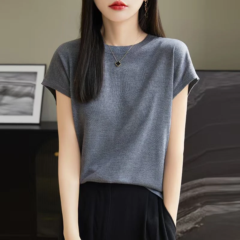 夏季女士桑蚕丝羊毛莱赛尔宽松上衣短款时尚圆领宽松