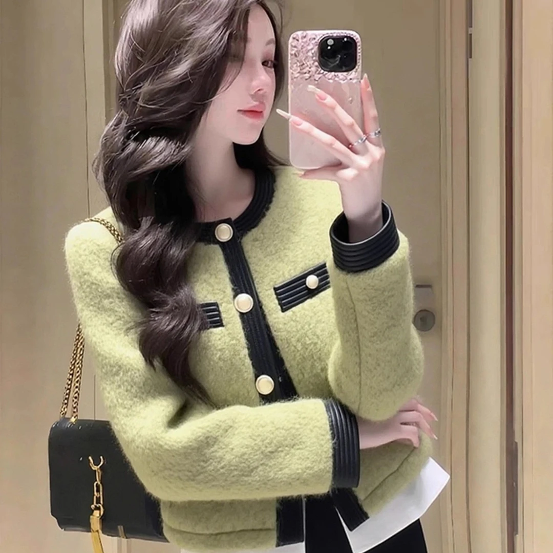 百搭小香风短外套女绿色撞色2025新款时尚显瘦拼接气质淑女上衣