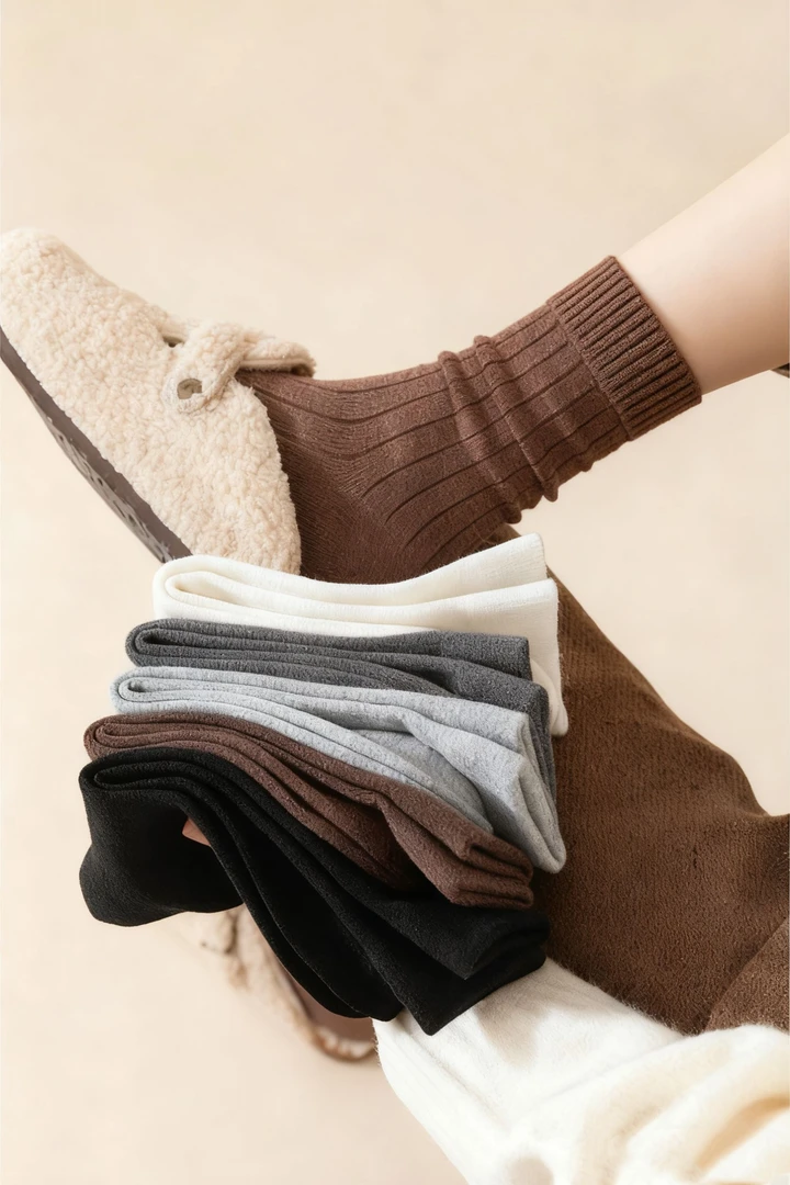 5双羊毛袜秋冬加厚款堆堆袜纯色保暖袜子