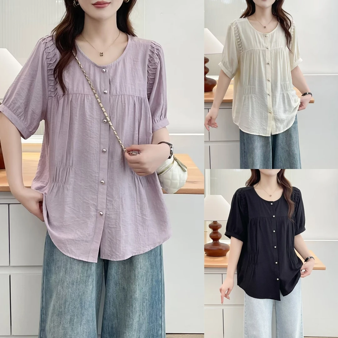 常规大码衬衫女透气夏季短袖纽扣薄款圆领遮肚子藏肉衬衣上衣
