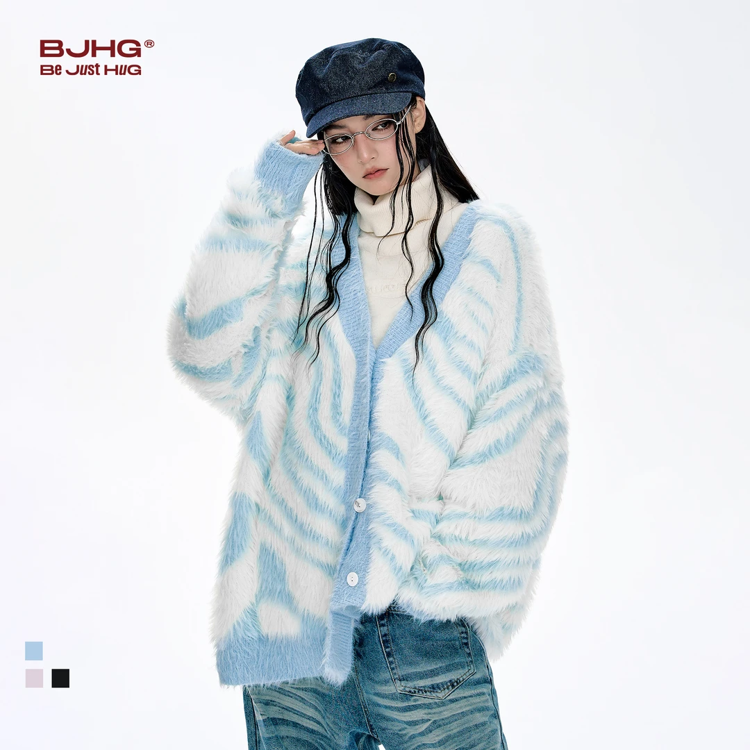 BJHG不计后果仿貂毛毛衣男款秋冬新款潮牌斑马条纹宽松开衫外套女