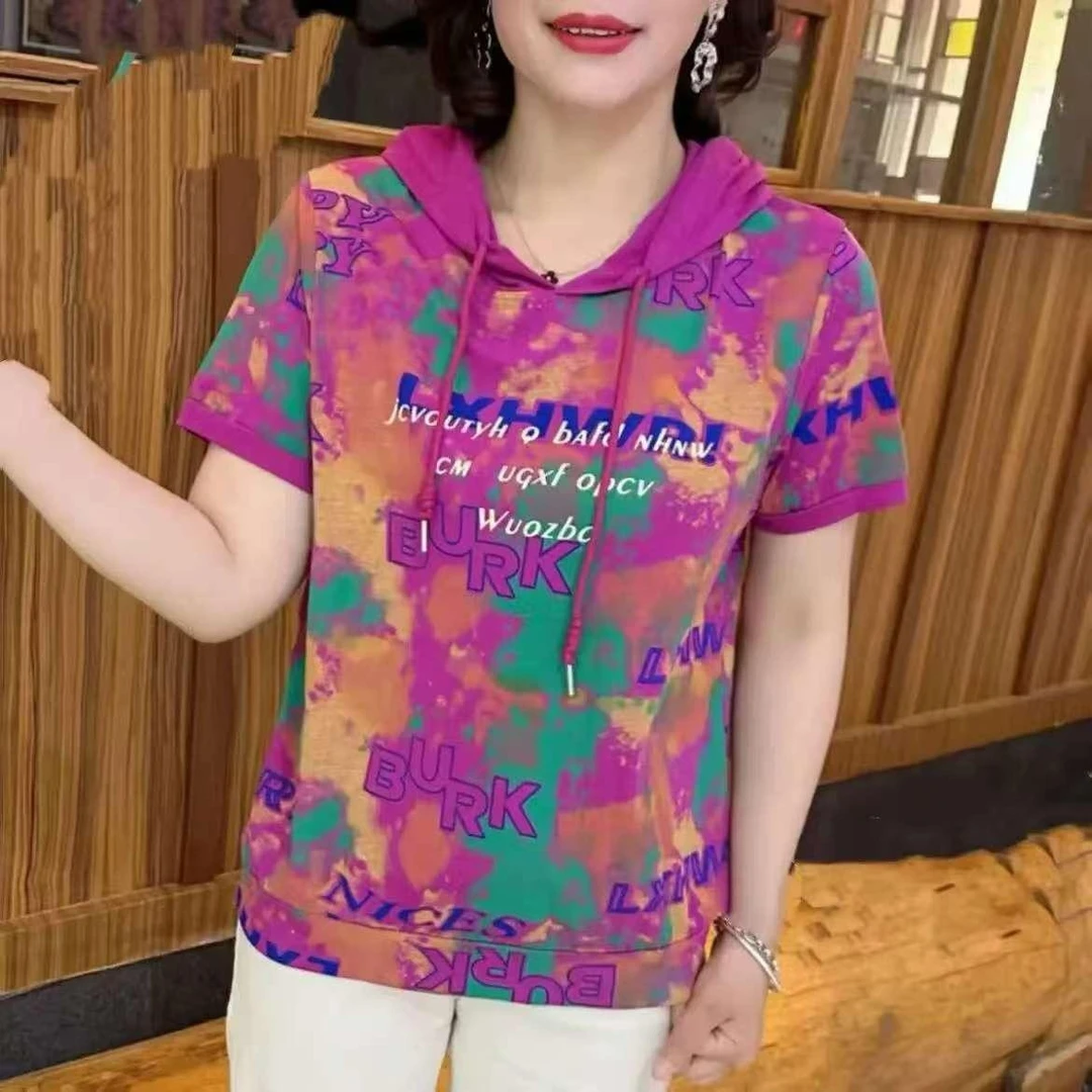 2025夏季新款连帽休闲短袖T恤女时尚印花妈妈装宽松显瘦百搭上衣