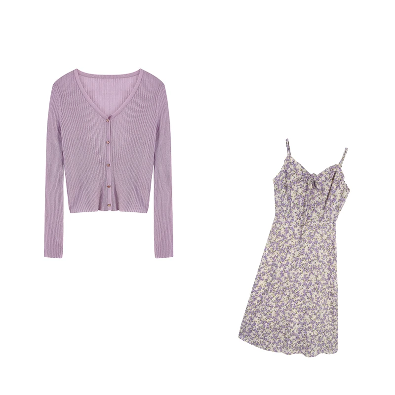 紫色上衣+花色吊带裙两件套ZL103516