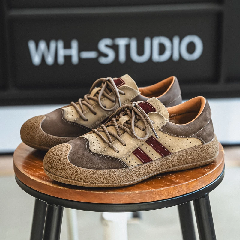 2025春夏季新款真皮潮流复古休闲牛皮鞋厚底增高板鞋百搭透气男鞋