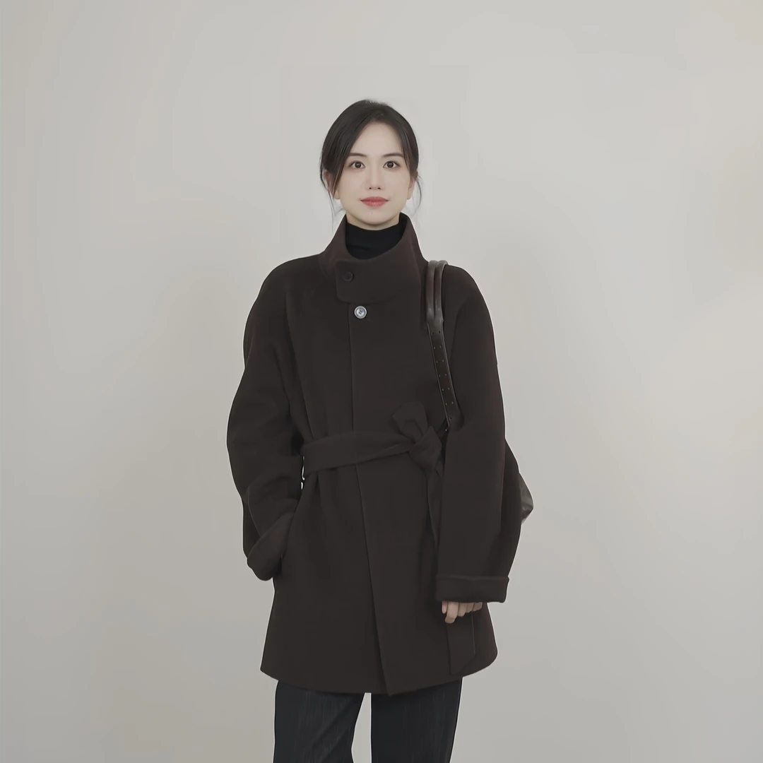 小禾【二粒扣】精选羊绒羊毛高级质感经久耐穿系带修身干练羊绒大衣