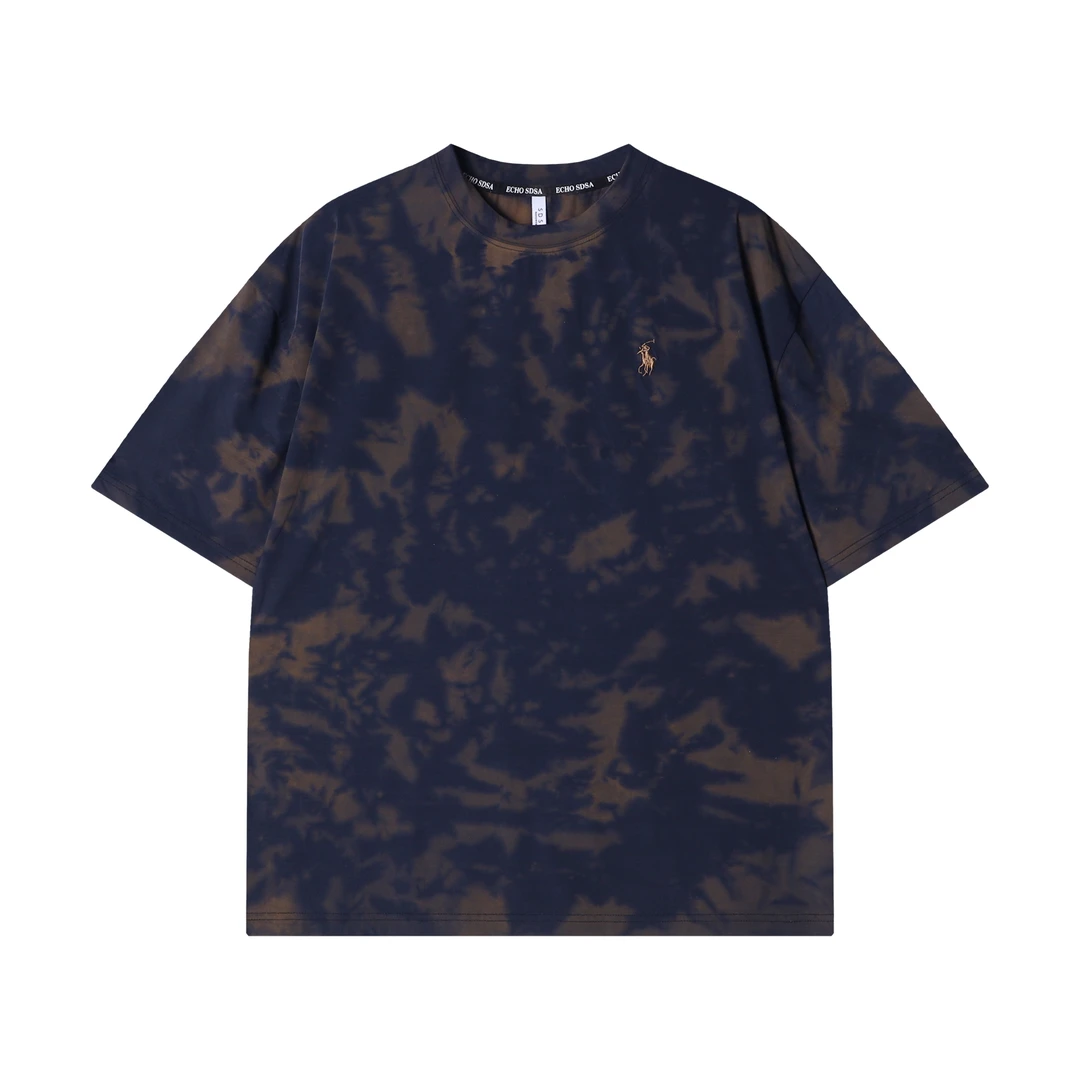 夏季新款高级感韩版扎染刺绣标圆领短袖T恤复古情侣潮流上衣