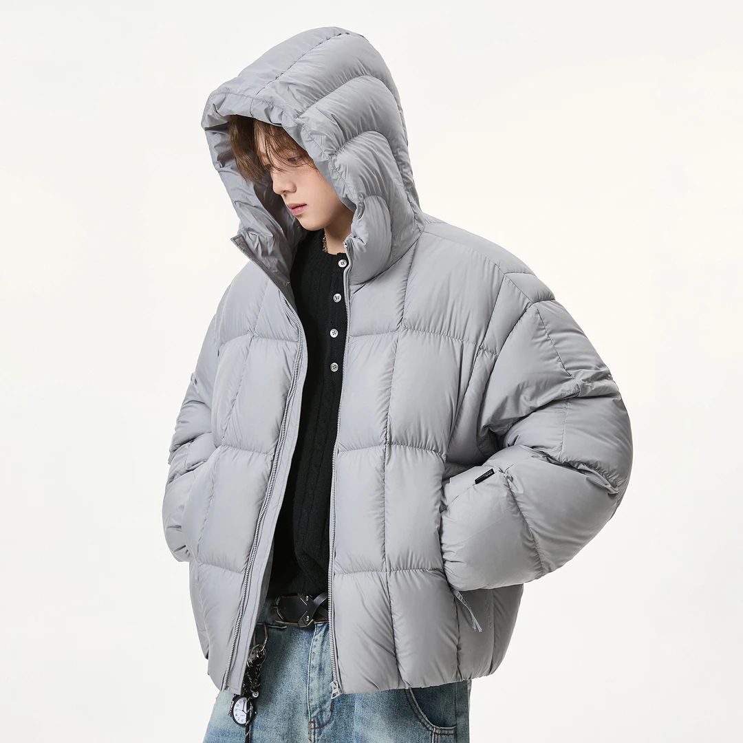 简约连帽短款羽绒服男款冬季加厚保暖宽松面包服灰色外套