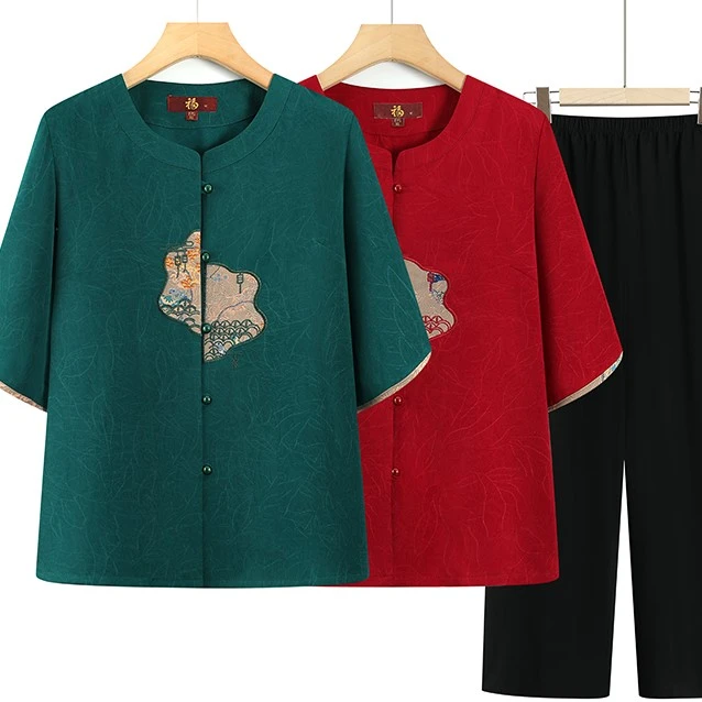 奶奶夏季薄款套装宽松母亲节中老年妈妈装七分袖国风老太太两件套