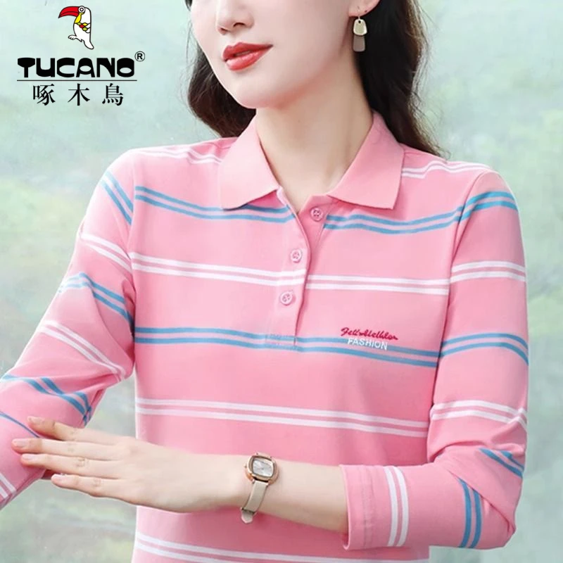 啄木鸟正品纯棉2025春秋新款polo领长袖T恤女春秋中老年妈妈装遮