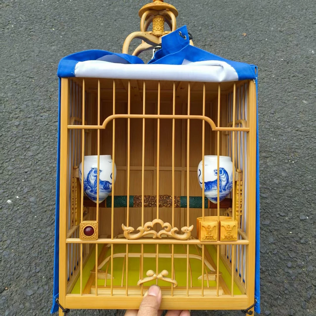 老竹留青皮料精工板笼海派方笼画眉笼长宽高约29+25+32厘米0号笼