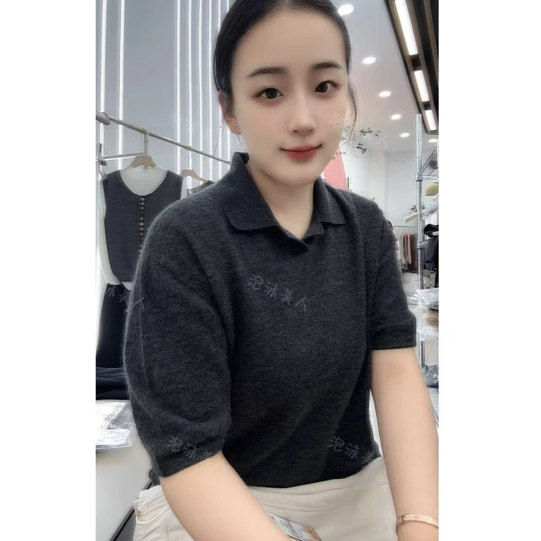 岩雾灰翻领半袖」老板娘自留!显瘦宽松深灰色时尚百搭针织套头衫