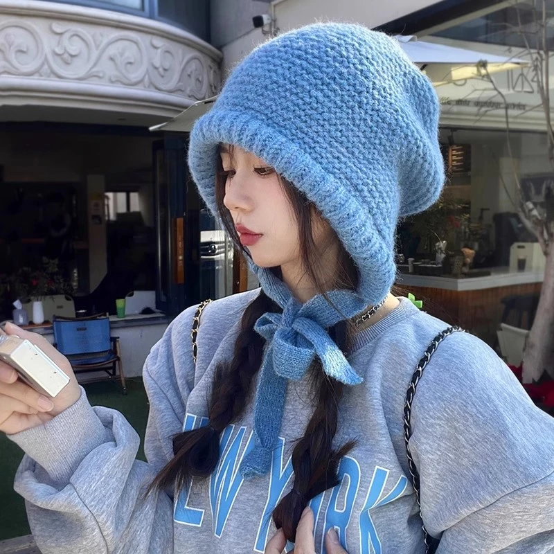 正版纯色蓝色毛线帽女包包巴拉克拉法帽冬季保暖加厚护耳针织帽子