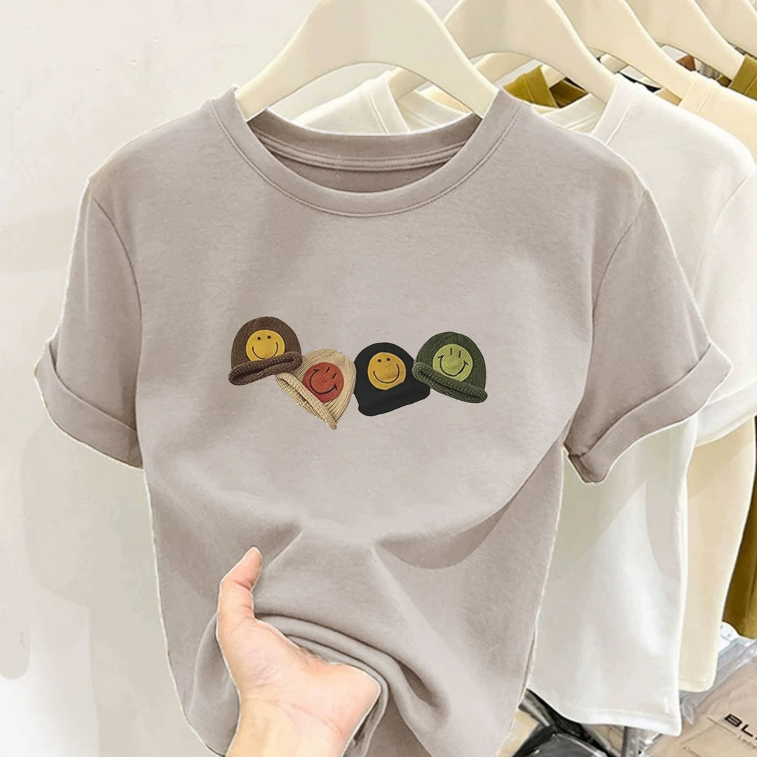 【冰冰专属】四个针织帽印花圆领短袖t恤女百搭修身显瘦小个子上衣