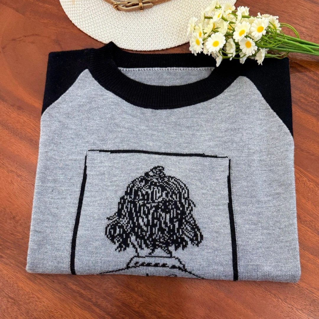 【桑蚕丝羊毛】秋冬插画女孩插肩袖百搭针织圆领女装打底衫毛衣859q