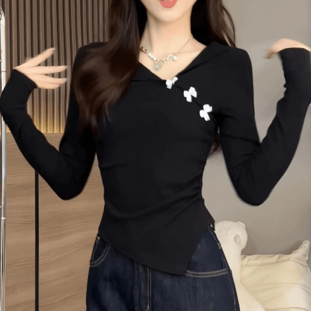 大码设计感蝴蝶结长袖T恤打底衫女春秋冬季修身显瘦内搭外穿上衣