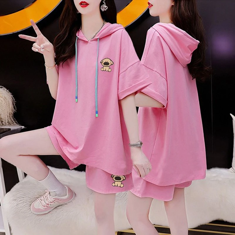 纯棉夏季休闲百搭运动套装女2024新款韩版显瘦连帽短袖短裤两件套