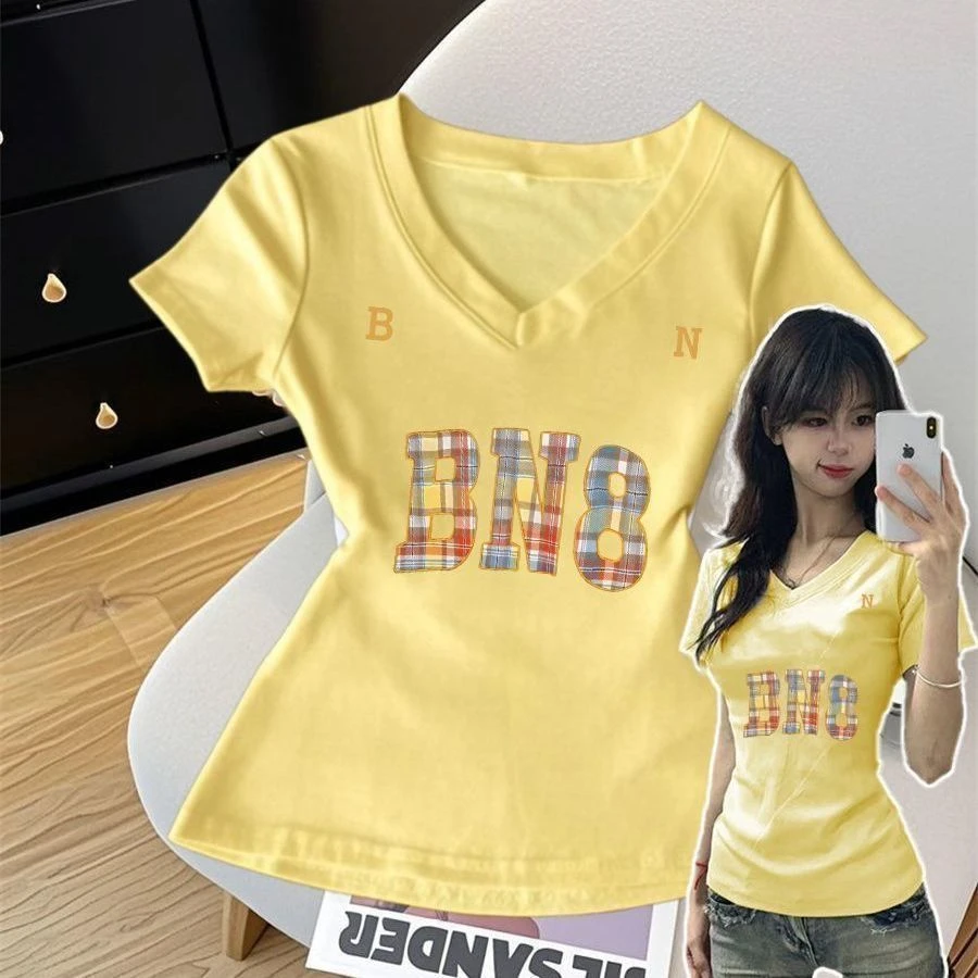 纯欲风韩版多巴胺v领字母短袖新款正肩短袖夏季修身收腰显瘦上衣