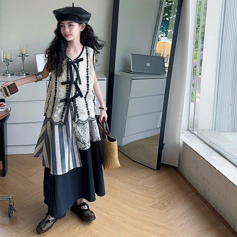 女童复古风蕾丝提花马甲打底撞色半身裙内搭吊带三件套装2025夏季