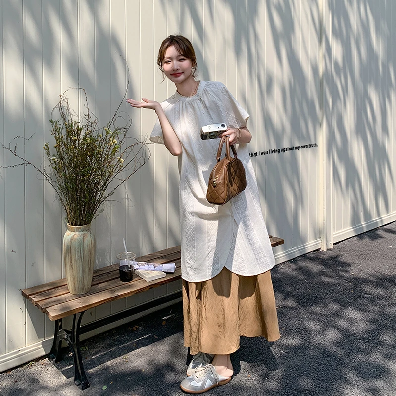 日系休闲套装白色宽松开叉衬衫女装夏季超好看阔腿裤直筒裤两件套