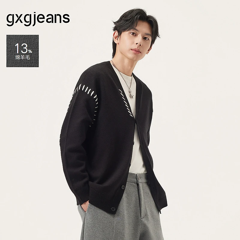 gxg.jeans男装 黑色撞色宽松休闲保暖针织衫开衫外套男25年秋新品