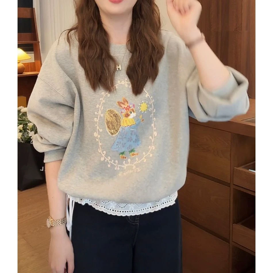 【许愿小兔】G026#韩系秋冬圆领长袖落肩拼接百搭卫衣女气质百搭