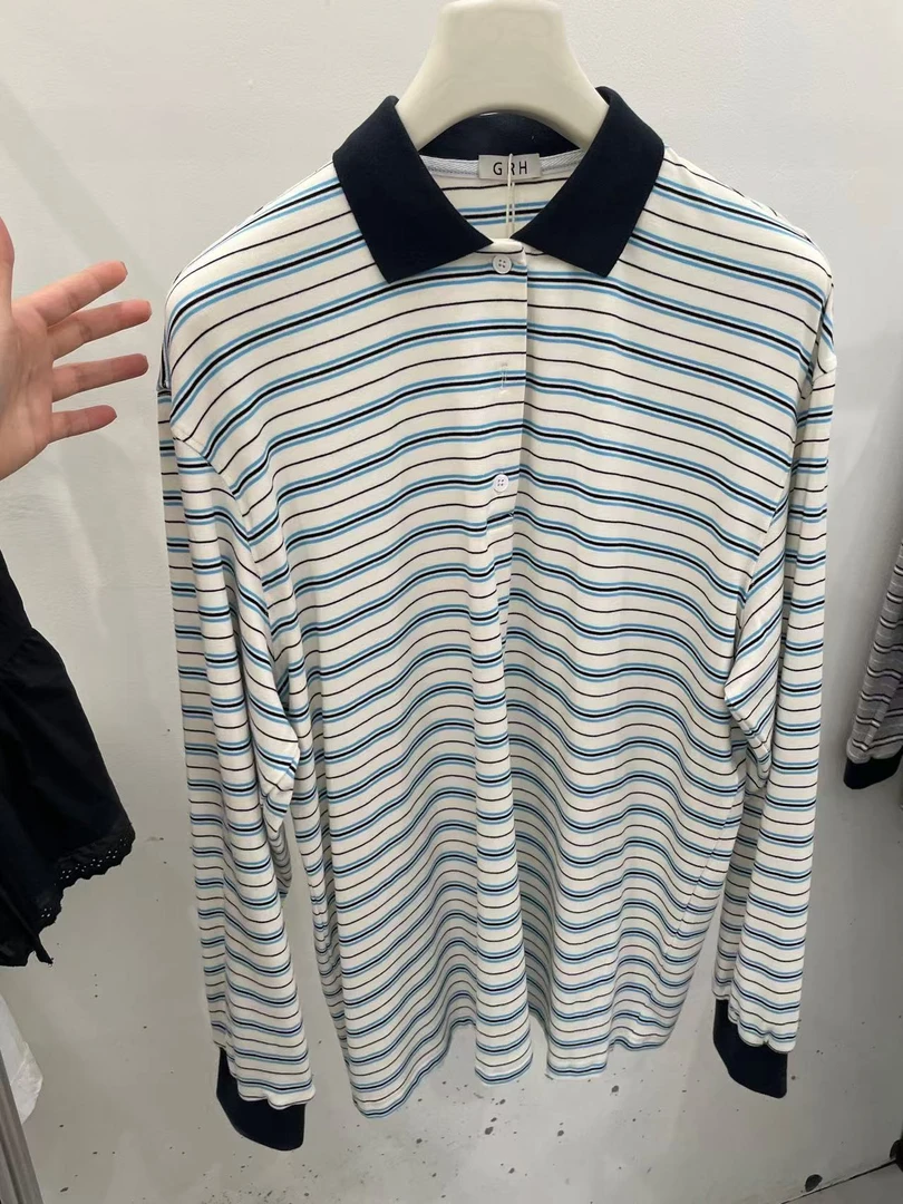 温柔瑶-GW秋款福利#“天丝”百搭撞色条纹Polo领长袖#622